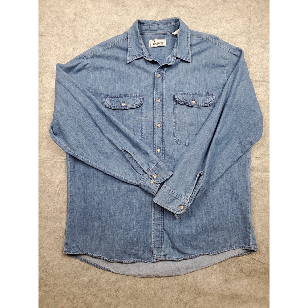 Vintage 90s Roebucks XL Blue Denim Shirt Long Sleeve Button Up Work Shirt
